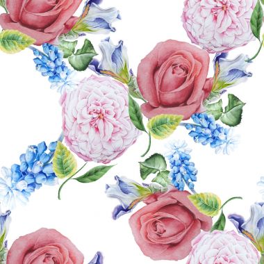 Çiçekli parlak seamless modeli. Rose. Iris. Sümbül. Wate