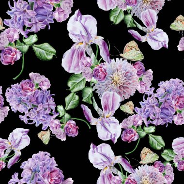 Çiçekli parlak seamless modeli. Leylak. Iris. Kelebek. WA