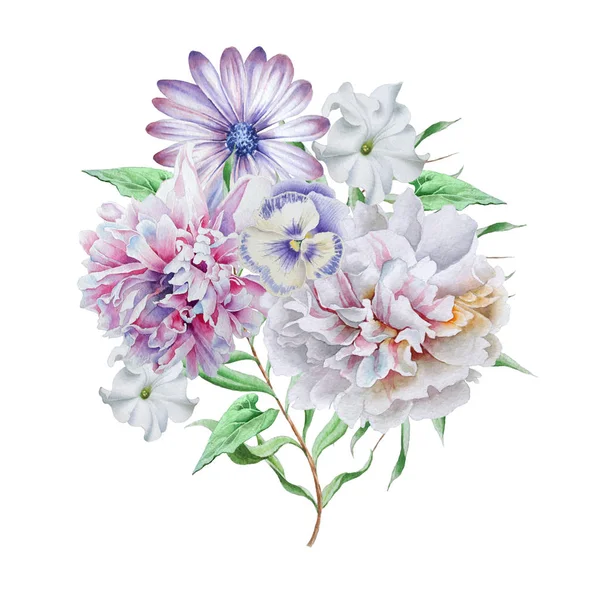 Aquarel boeket met bloemen. Pioen. Petunia. Viooltjes. Hand d — Stockfoto