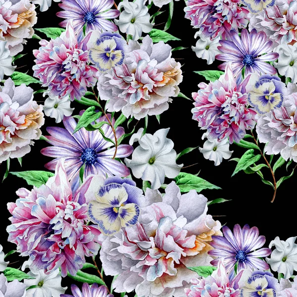 Varrat nélküli mintával fényes virágok. Bazsarózsa. Petunia. Árvácskák. WA — Stock Fotó
