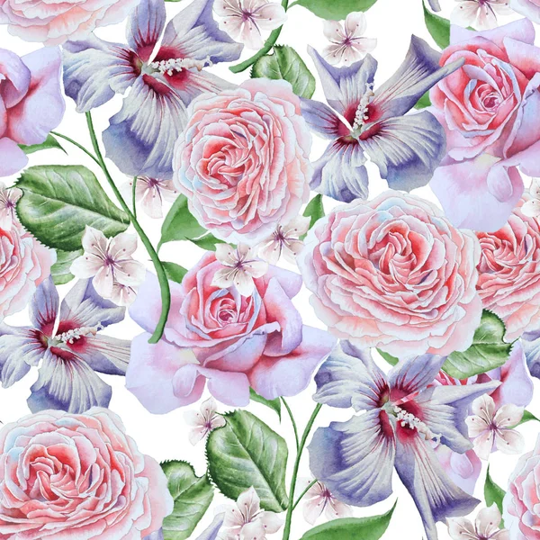 Bright seamless pattern with flowers. Rose.  Hibiscus. Watercolo — Stock Photo, Image