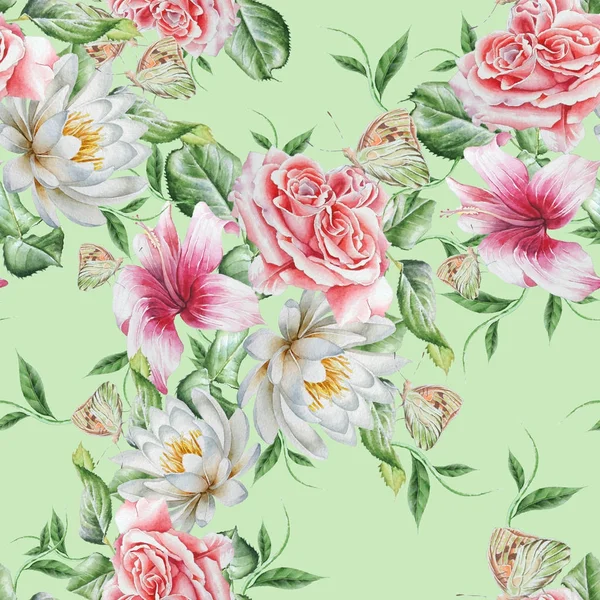 Bright seamless pattern with flowers. Rose.  Hibiscus. Lily. But — Stock Photo, Image
