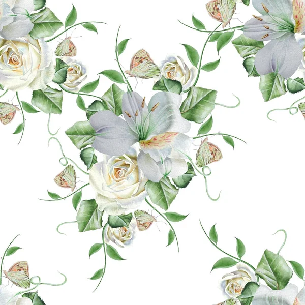 Patrón brillante sin costuras con flores. ¡Rose! Alstroemeria. Butte. —  Fotos de Stock