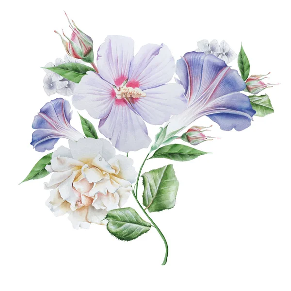 Ramo de acuarela con flores. Hibiscus. ¡Rose! Dibujado a mano . — Foto de Stock