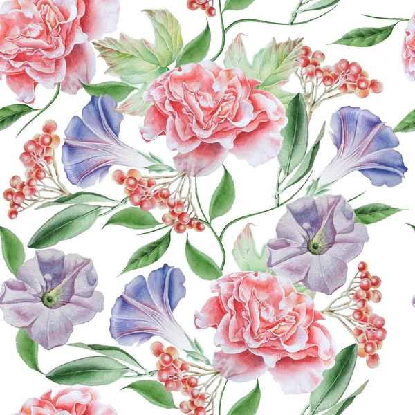 Bright seamless pattern with flowers. Petunia. Rose. Rowan. Wate — Stock Photo, Image