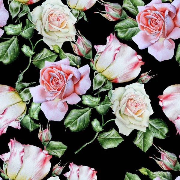 Padrão sem costura brilhante com rosas. Ilustração aquarela. Han... — Fotografia de Stock