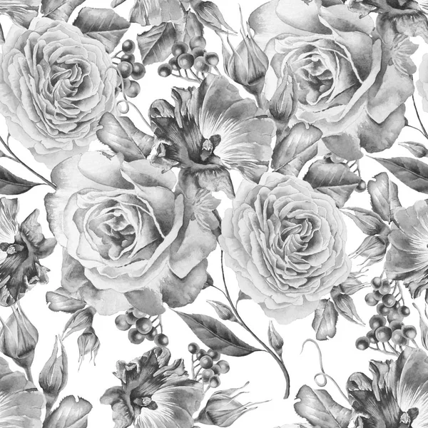 Monokrom sömlösa mönster med blommor. Petunia. Rose. Rowan. — Stockfoto