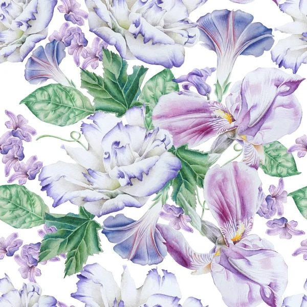 Patrón brillante sin costuras con flores. Petunia. Eustoma. Iris. W — Foto de Stock
