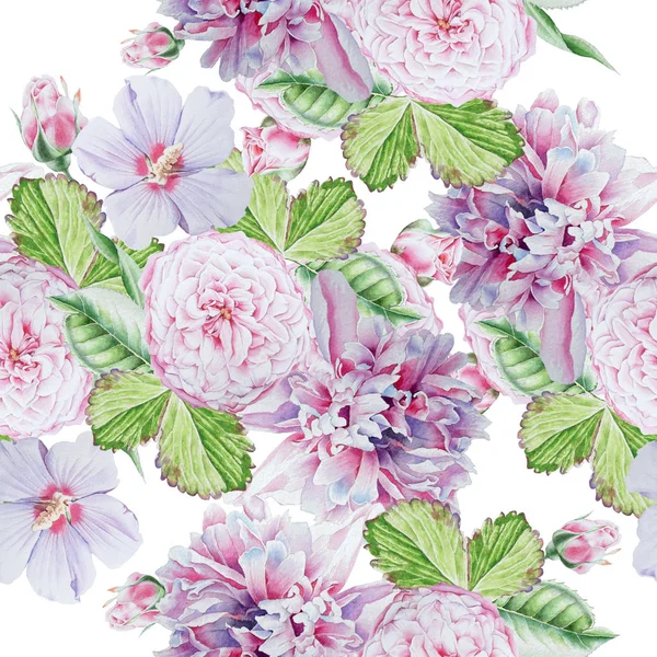 Varrat nélküli mintával fényes virágok. Bazsarózsa. Rose. Hibiscus. Wat — Stock Fotó