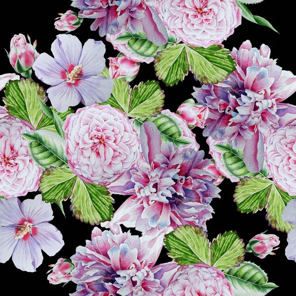 Varrat nélküli mintával fényes virágok. Bazsarózsa. Rose. Hibiscus. Wat — Stock Fotó