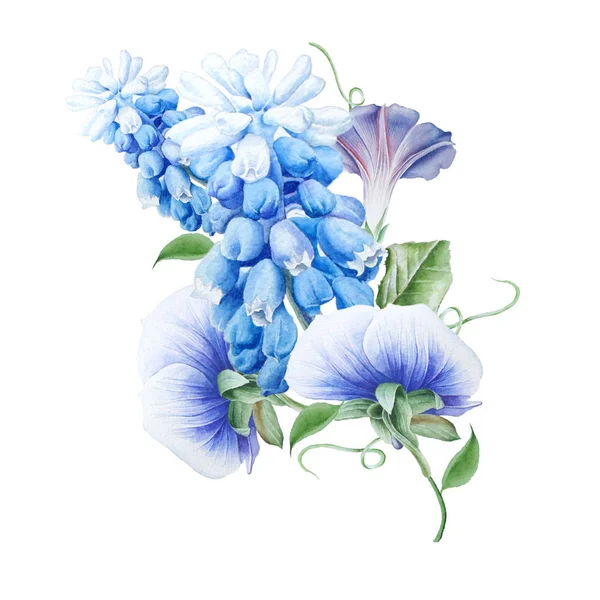 Aquarell Strauß mit Blumen. Petunien. Stiefmütterchen. Hyazinthe. w — Stockfoto