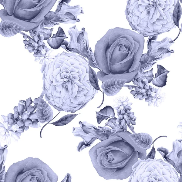 Seamless mönster med blommor. Rose. Iris. Hyacint. Akvarell — Stockfoto