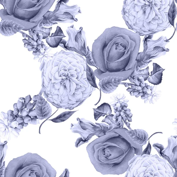 Seamless pattern with flowers. Rose. Iris. Hyacinth. Watercolor 