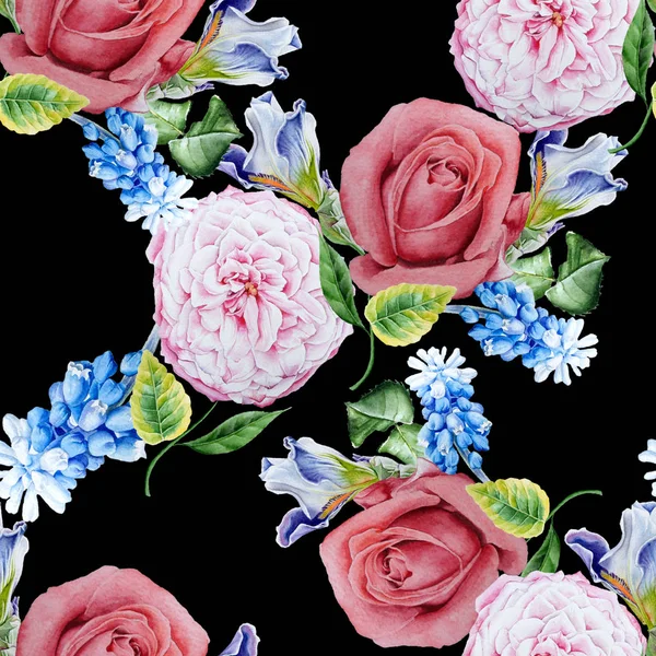 Ljusa sömlösa mönster med blommor. Rose. Iris. Hyacint. Wate — Stockfoto