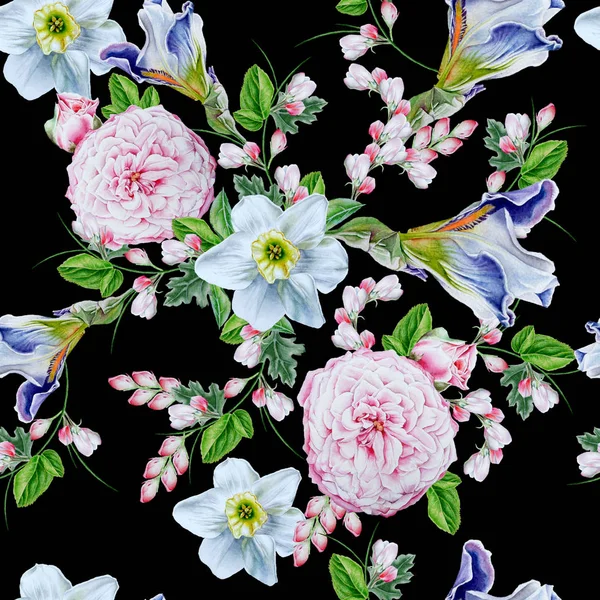 Bright seamless pattern with flowers. Rose. Iris. Narcissus. Wat