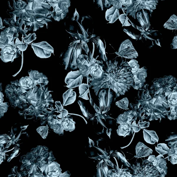 Wzór z kwiatami. Liliowy. Iris. Motyl. Watercolo — Zdjęcie stockowe