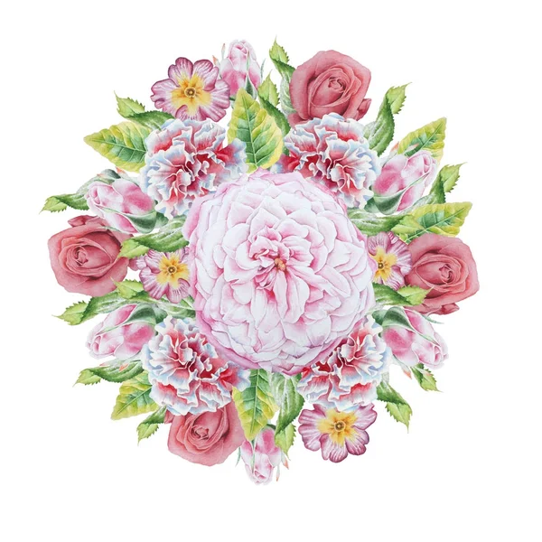 Akvarell bukett med blommor. Rose. Primula. Marigold. Filterrengöring — Stockfoto