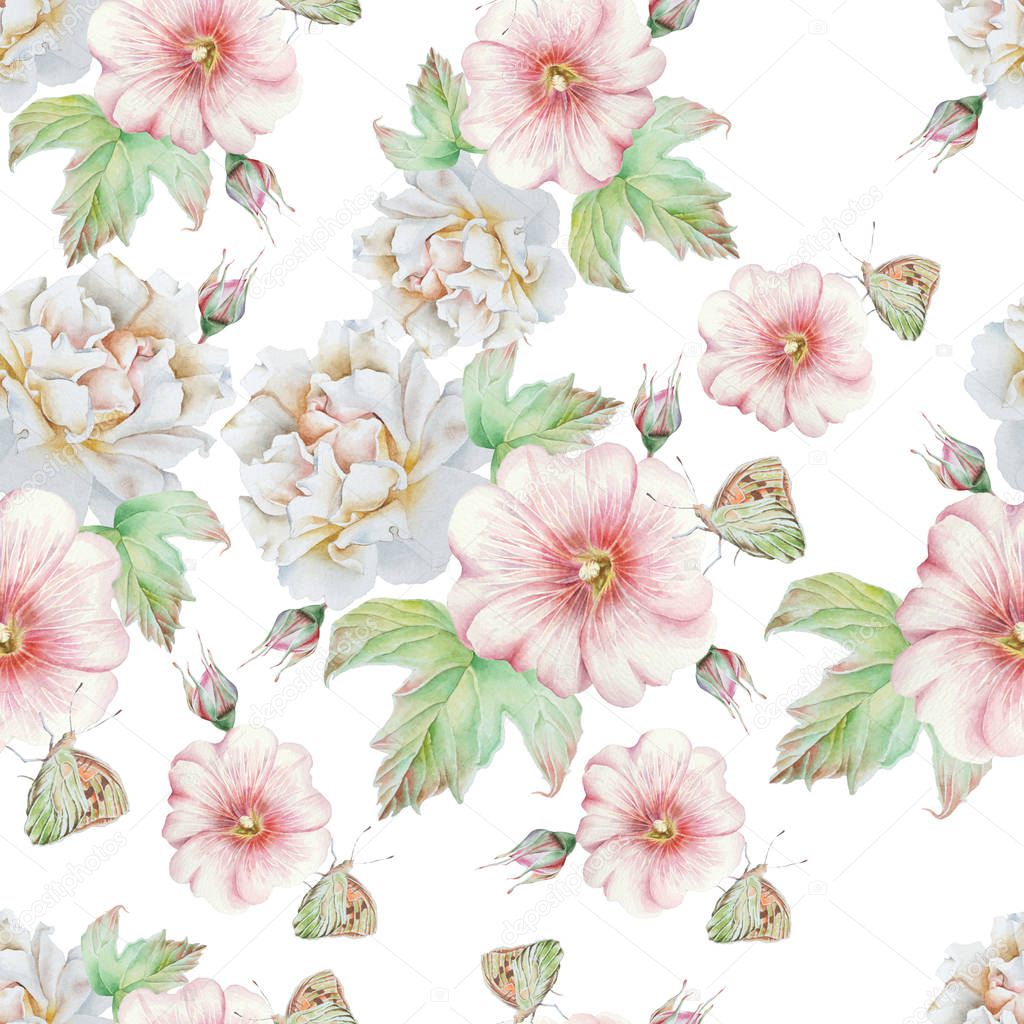 Bright seamless pattern with flowers. Rose. Mallow. Butterfly. W