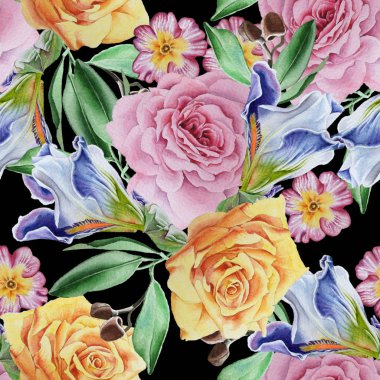 Çiçekli parlak seamless modeli. Rose. Iris. Suluboya Il