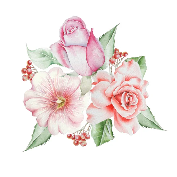 Akvarell bukett med blommor. Rose. Rowan. Illustration. Hand — Stockfoto