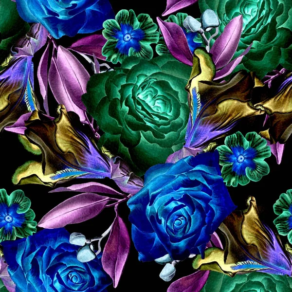 明亮的无缝图案与花卉。玫瑰.虹膜.水彩 il — 图库照片