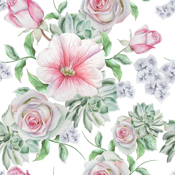 Bright seamless pattern with flowers. Rose. Succulents. Mallow. Watercolor illustration. Hand drawn. — Stock Photo, Image