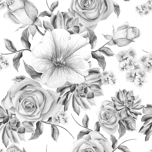 Heldere naadloze patroon met bloemen. Rose. Vetplanten. Mallow. Aquarel illustratie. Hand getrokken. — Stockfoto