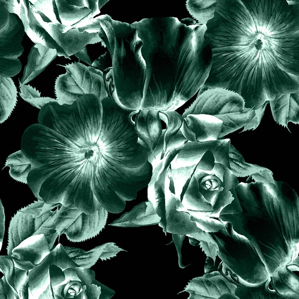 Nahtloses Muster mit Blumen. stieg. Malve. Aquarell-Illustration. Handgezeichnet. — Stockfoto