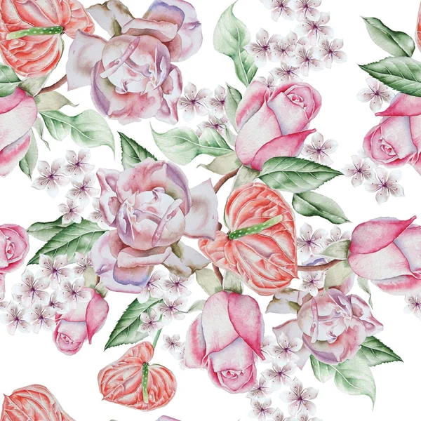 Bright seamless pattern with roses. Watercolor illustration. Hand drawn. — Stock Photo, Image