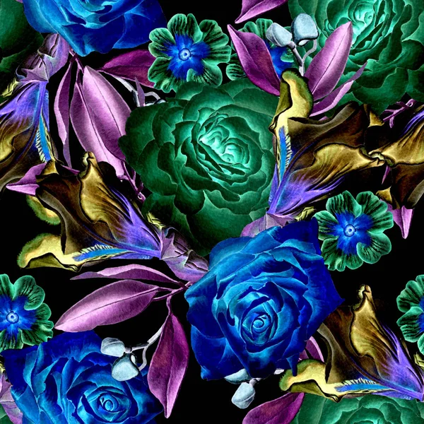 Jasny bezszwowy wzór z kwiatami. Róża. Jestem Iris. Ilustracja akwareli. Ręcznie rysowane. — Zdjęcie stockowe
