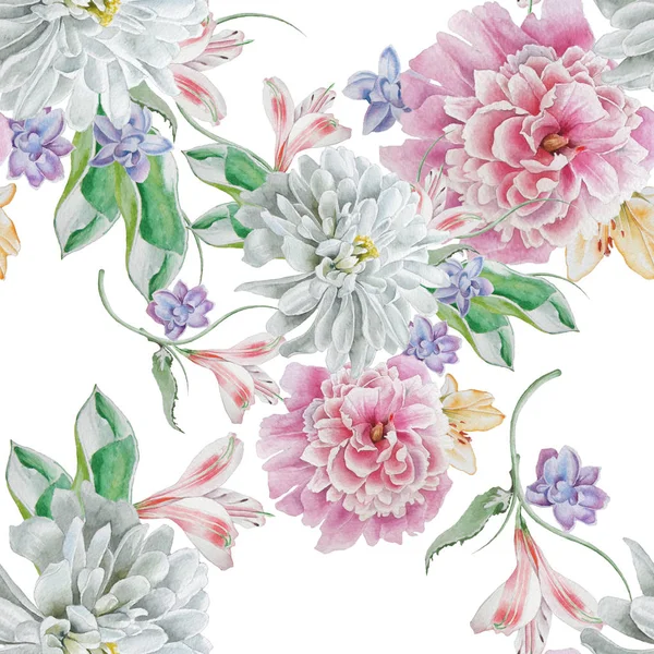 花と明るいシームレス パターン。水彩イラスト。菊。牡丹。手描き. — ストック写真