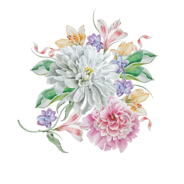 Bouquet acquerello con fiori. Crisantemo. Peonia. Illustrazione. Disegnato a mano . — Foto Stock