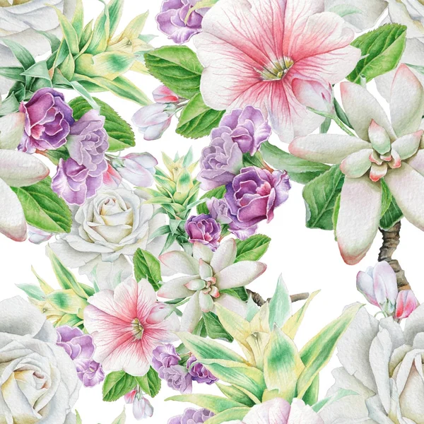 Luminoso modello senza cuciture con fiori. Rose. Rowan. Succulente. Illustrazione ad acquerello. Disegnato a mano . — Foto Stock