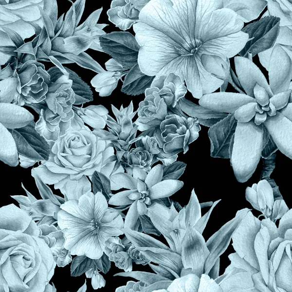 Naadloze patroon met bloemen. Rose. Rowan. Vetplanten. Aquarel illustratie. Hand getrokken. — Stockfoto
