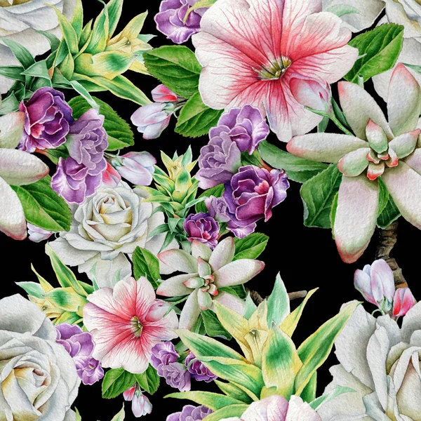 Varrat nélküli mintával fényes virágok. Rose. Rowan. Pozsgás növények. Akvarell illusztráció. Kézzel rajzolt. — Stock Fotó