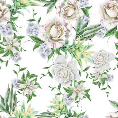 Çiçekli parlak seamless modeli. Rose. Bromeliad. Sulu boya resim. Elle çizilmiş.