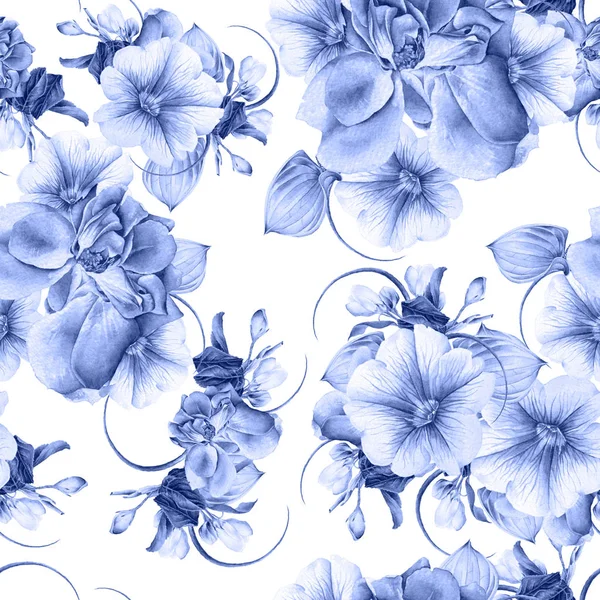 Bright seamless pattern with flowers. Rose. Petunia. Blossom. Watercolor illustration. Hand drawn.