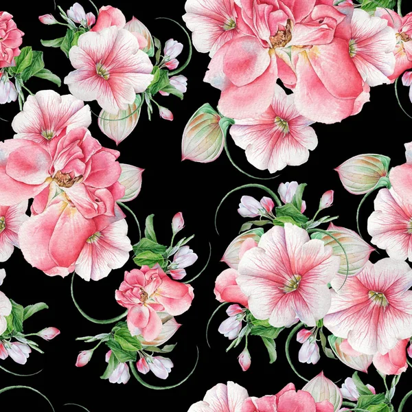 Helles, nahtloses Muster mit Blumen. stieg. Petunien. blühen. Aquarell-Illustration. Handgezeichnet. — Stockfoto