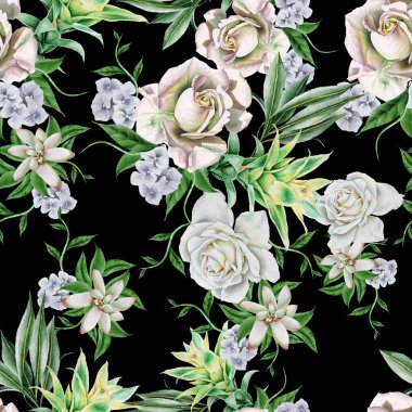 Çiçekli parlak seamless modeli. Rose. Bromeliad. Sulu boya resim. Elle çizilmiş.