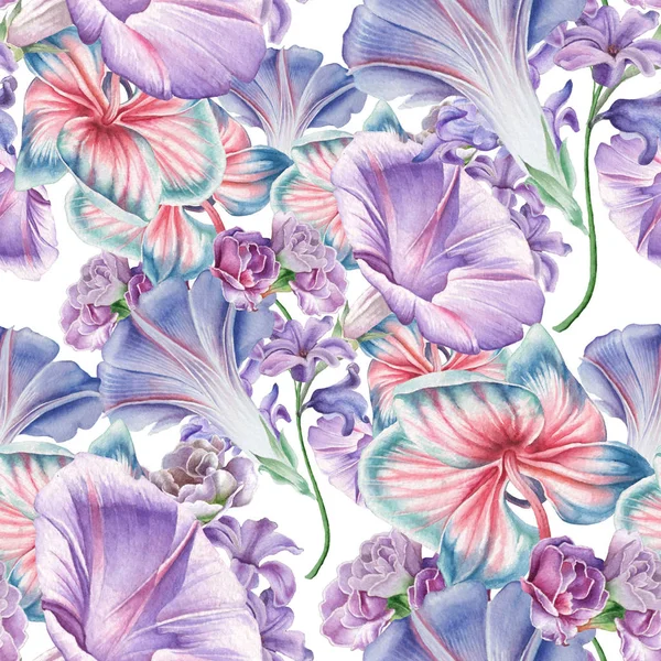 Bright seamless pattern with flowers. Orchid. Petunia.  Watercolor illustration. Hand drawn. — Stock Photo, Image