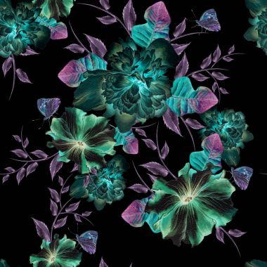 Çiçekli parlak seamless modeli. Şakayık. Petunya. Sulu boya resim. Elle çizilmiş.