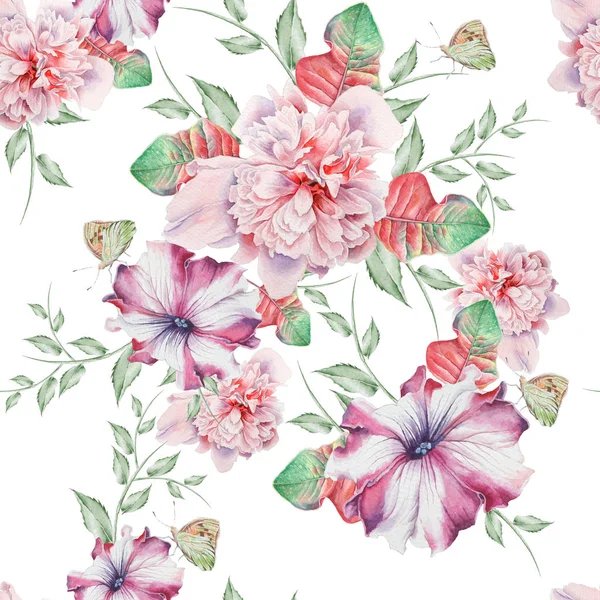 Çiçekli parlak seamless modeli. Şakayık. Petunya. Sulu boya resim. Elle çizilmiş.