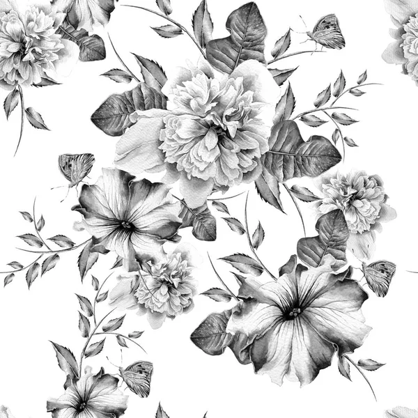 Nahtloses Muster mit Blumen. Pfingstrose. Petunien. Aquarell-Illustration. Handgezeichnet. — Stockfoto