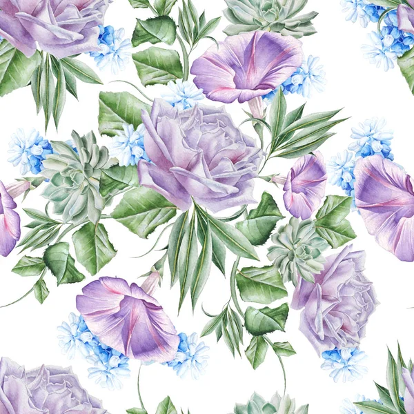 Bright seamless pattern with flowers. Rose. Petunia. Hyacinth. Succulent. Watercolor illustration. Hand drawn. — Stock Photo, Image