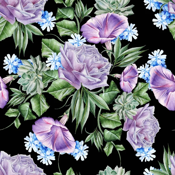 Bright seamless pattern with flowers. Rose. Petunia. Hyacinth. Succulent. Watercolor illustration. Hand drawn. — Stock Photo, Image