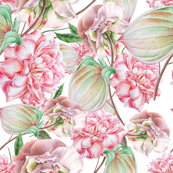 Bright seamless pattern with flowers. Rose.  Anthurium. Watercolor illustration. Hand drawn. — Stock Photo, Image