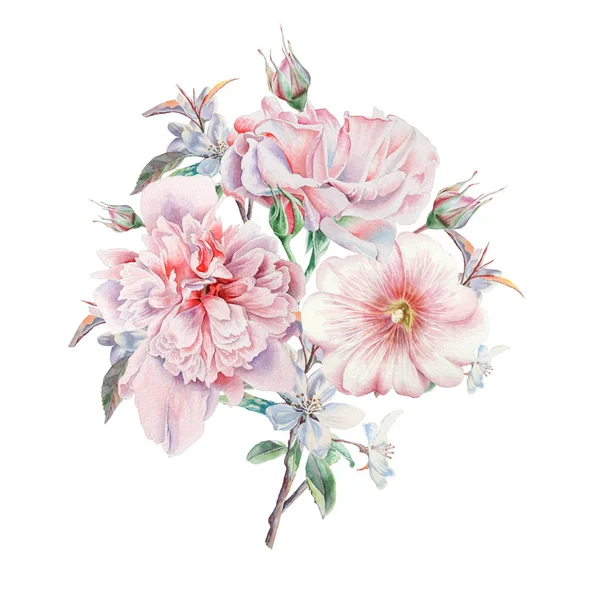 Buquê de aquarela com flores. Rose... Peony. Mallow. Ilustração. Desenhado à mão . — Fotografia de Stock