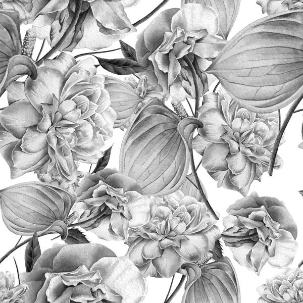 Seamless pattern with flowers. Rose.  Anthurium. Watercolor illustration. Hand drawn. — Stock Photo, Image