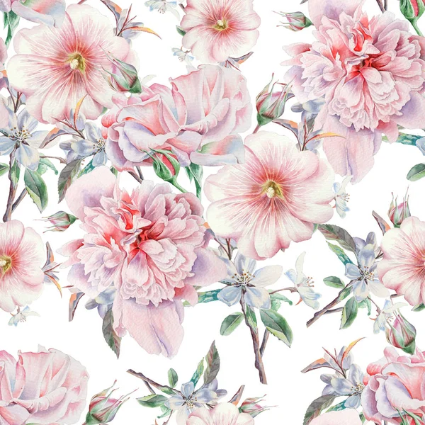 Bright seamless pattern with flowers. Rose.  Peony. Mallow. Watercolor illustration. Hand drawn. — Stock Photo, Image