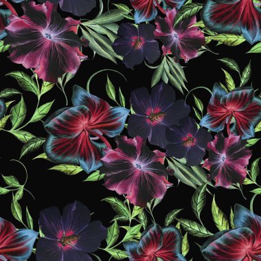 Çiçekli parlak seamless modeli. Orkide. Hibiscus. Petunya. Sulu boya resim. Elle çizilmiş.